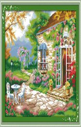 Belle peinture de décor de jardin d'arrière-cour romantique faite à la main au point de croix broderie ensembles de couture comptés impression sur toile DMC 148994999