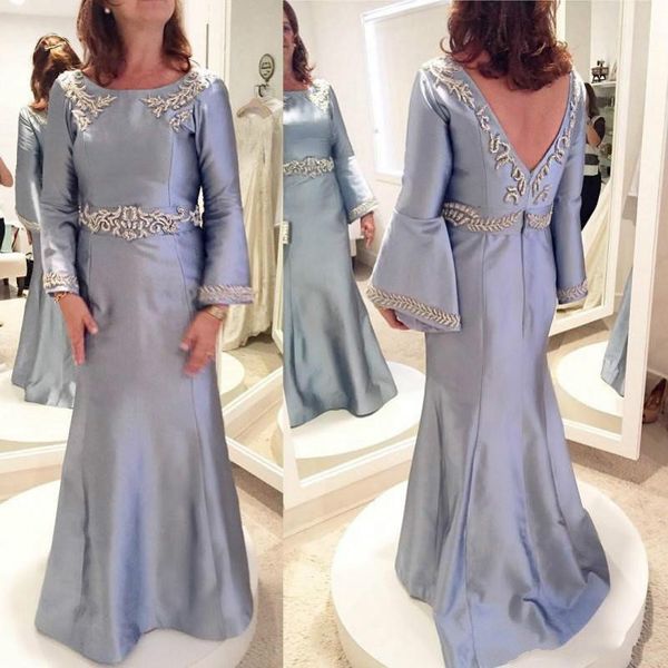 Belle Satin Plus La Taille Mère Tenue De Cérémonie À Manches Longues Argent Soirée De Mariage Invité Robe Mère De La Robe De Mariée Costume Robes