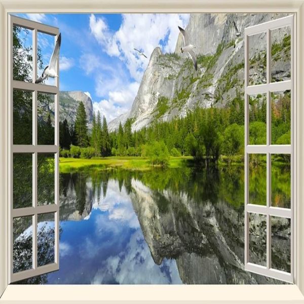 hermosos paisajes Fondos de pantalla de lago y montañas fuera de la ventana HD concepción artística Fondo de paisaje tridimensional 3D348e