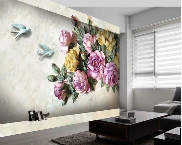 bellos paisajes fondos de pantalla 3D Europea-tridimensional alivio flor rosa de aves de fondo decoración de la pared pintura