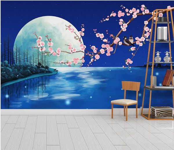 hermoso paisaje de la fantasía de flores fondos de pantalla luz de la luna azul y aves fondo del ciruelo decoración de la pared pintura