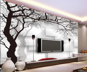 de beaux paysages papiers peints en noir et blanc peint à la main 3d arbre abstrait mur de fond TV carré