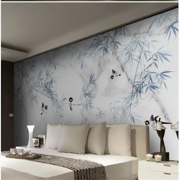 Hermosos painticales de paisajes Nuevo estilo chino moderno mármol wallpapers bambú flor y pájaro fondo de pared mural