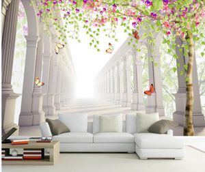 de beaux paysages Papiers peints de fleurs de colonnes romaines et arbres mur de fond TV 3D stéréo