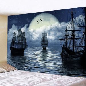 Belle Sunset Sunset Nautical Tapestry Hippie rétro Pirate Ship Rune Skull Skull Sanging Psychedelic Home Room Decoration