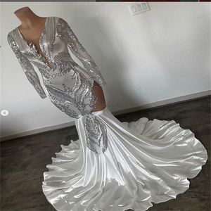 Belle robe de bal à paillettes argentées pour fille noire Chic à manches longues robes de soirée sirène pour 16 anniversaire fête formelle occasion Graduations 2023 vestidos de noche