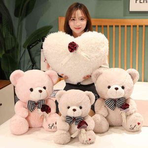 Hermosas muñecas de oso de peluche sentado con cojín de corazón Kawaii Butterfly Tie Bears Cuddly Relleno Decoración de boda Regalo para parejas Niñas J220704