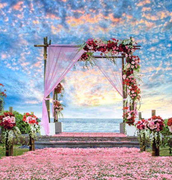 Hermoso cielo nubes al aire libre escénico verano playa boda telones de fondo vinilo romántico pétalos de rosa alfombra rosas rojas estudio de fotografía 9000029