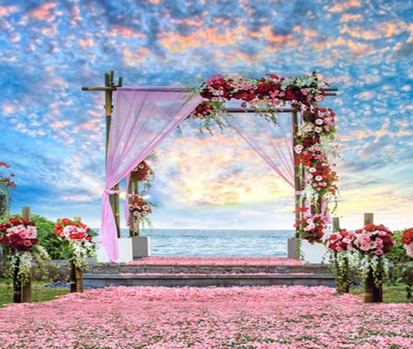 Hermoso cielo nubes al aire libre escénico verano playa boda telones de fondo vinilo romántico pétalos de rosa alfombra rosas rojas Pography Studio 1967263