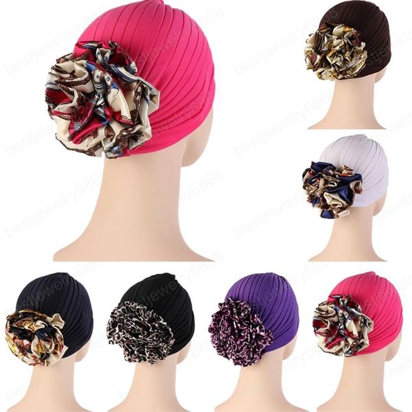 Beau chapeau Turban de couleur unie, chapeaux indiens à grande fleur pour femmes musulmanes, casquettes Hijab pour Bonnet plissé, Turban enroulé pour la tête