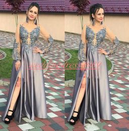 Beautiful Split Applique Evening Dresses Lace African Plus Size Long Sleeve Party Dress Prom Formal Arabic Pageant Gowns Vestido de noche