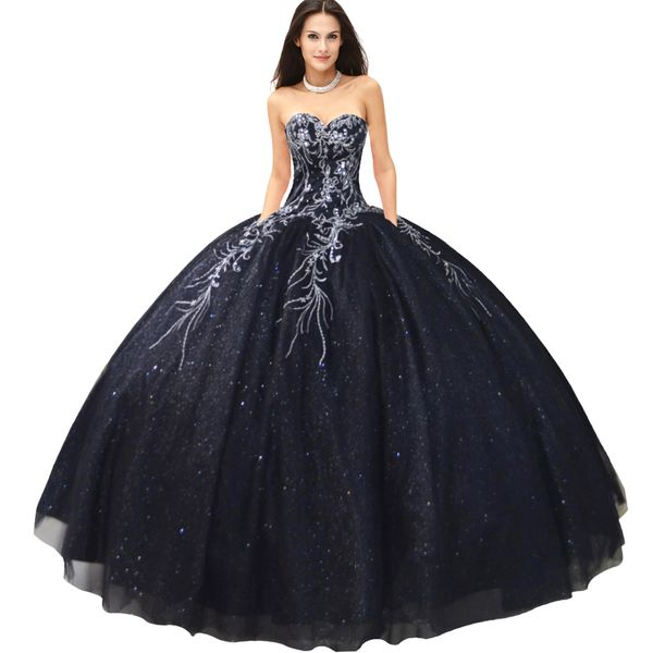 Belle robe noire chérie sans bretelles avec des détails de broderie argentés Robe de Quinceanera en tulle scintillant Robe de bal de gala Débutante