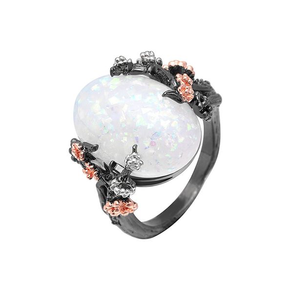 Belle bague fleur arbre bijoux or noir rempli romantique CZ grand anneau opale de feu blanc femmes livraison directe bandes bague