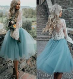 Belles deux pièces robes de retour à la maison en dentelle à manches longues illusion transparente le genou longueur 2018 cocktail de robe de bal courte CL4653346