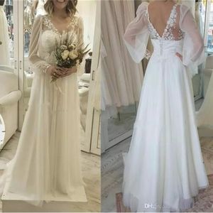 Beautiful V-Neck Lace Puffy Garden Wedding Dresses Boho Long Sleeves Sheer Bohemian Arabic Plus Size vestido de noiva Bridal Gown Ball Bride