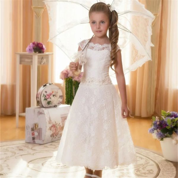 Hermosos vestidos de niña de flores de encaje blanco para la boda Longitud del té Fiesta de dama de honor Vestido de fiesta Santa Comunión Niños 240309