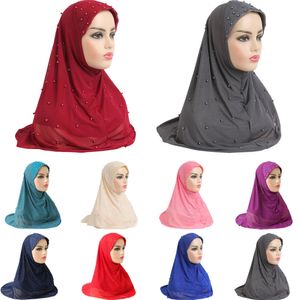 Belles femmes adultes Hijab deux couches Net tissu musulman Hijab avec perles islamique écharpe tête enveloppement prière couverture complète