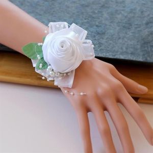 Mooie Pols Corsage Bruids Bruidsmeisje Parels Bladeren Rekbare Armband Bruiloft Prom Feest Roos Hand Bloem 8 x 6 x 4 cm241u