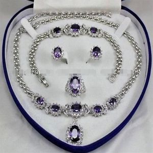 BeautifulAmethyst Inclay Link Bracelet Boes Oreads Ring Collier Set347H