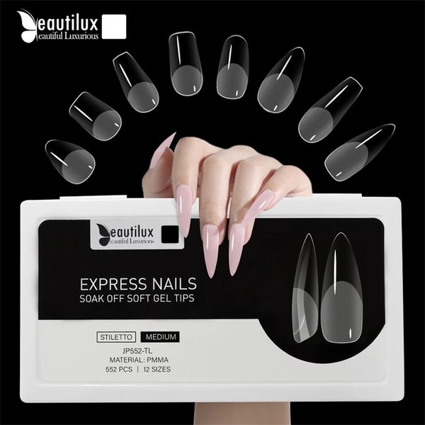 Beautilux Express Nails 552pcs / box Ovale Stiletto Amande Carré Cercueil Français Faux Faux Soak Off Gel Nail Tips American Capsule 220726