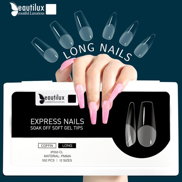 Beautilux Nail fake s Extension System Full Cover Sculpted Clear Stiletto Coffin False Tips American Capsule 552pcs box 220716