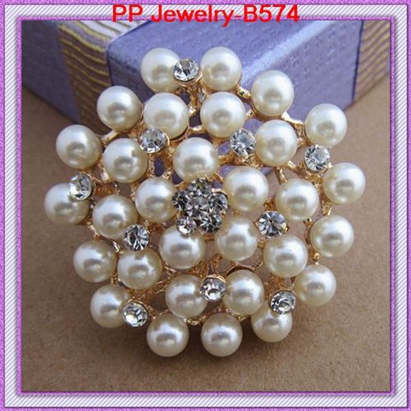 Beautiufl Broche de flores de cristal perlado chapado en oro, broches de pastel de boda B574