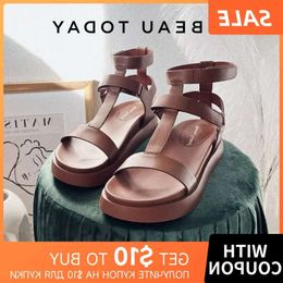 Beautoday 495 Gladiator sandalen vrouwen kalfsleer leer open teen t-bar riem haaklus zomer dames schoenen handgemaakte 3D0