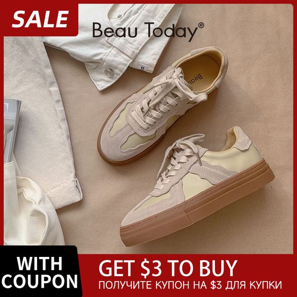 BeauToday espadrilles décontractées femmes daim cuir Patchwork couleurs mélangées à lacets bout rond chaussures dames appartements à la main 29816