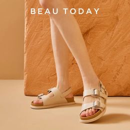 Beautoday sandals femmes authentique avant en cuir de vache et bracelet réel couleur solide plates lointaines de fous de dames d'été faits à la main 34548 240326