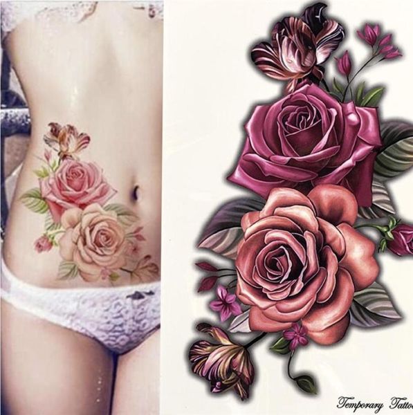 Beauty 12 pièces Maquillez faux tatouages ​​temporaires autocollants Rose Fleurs de rose Tatouage épaule étanche Femmes Big Flash Tattoo sur Body15950562