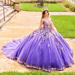 Beauty perle 3d fleurs robe de bal robe quinceanera robes sur les manches épaule des robes de quince violet