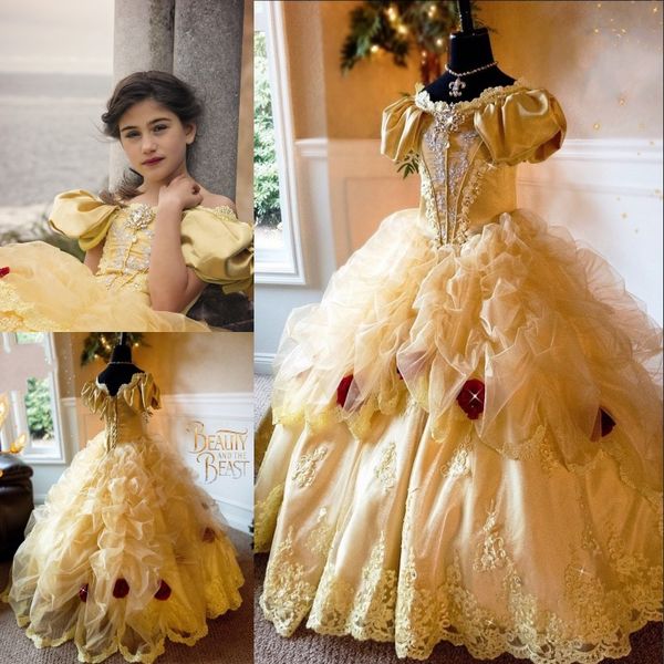 Beauté Bella Princesse Filles Pageant Robe À La Main Fleurs Cristal Appliques Robe De Bal Enfant Robe D'anniversaire Conte De Fées Robes De Fille De Fleur