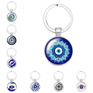 LLavero de cabujón de cristal redondo con foto religiosa de ojo malvado azul de belleza, llavero de regalo con correa para soporte de anillo de coche