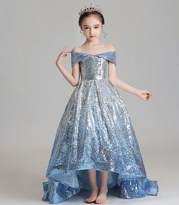 Beauté Bleu Nuance Paillettes Hors Épaule Robe De Fille De Fleur Robes De Concours De Fille Robes De Fête / Anniversaire Jupe De Fille Personnalisée SZ 2-12 D319026