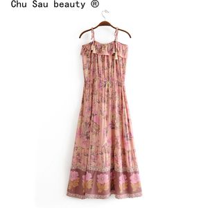 schoonheid boho bloemen print midi riem jurk vrouwen strand mode holle lange jurken vrouwelijke vakantie slijtage 210514