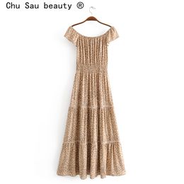 Beauté Boho imprimé léopard Midi longue robe femmes Style de vacances taille élastique robes femme belle vêtements de plage 210514