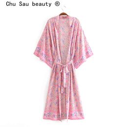Beauty Fashion Beach Style Floral Print Lâche Long Kimono Femmes Boho V-Col V-Col Sashes Robes d'été 210514