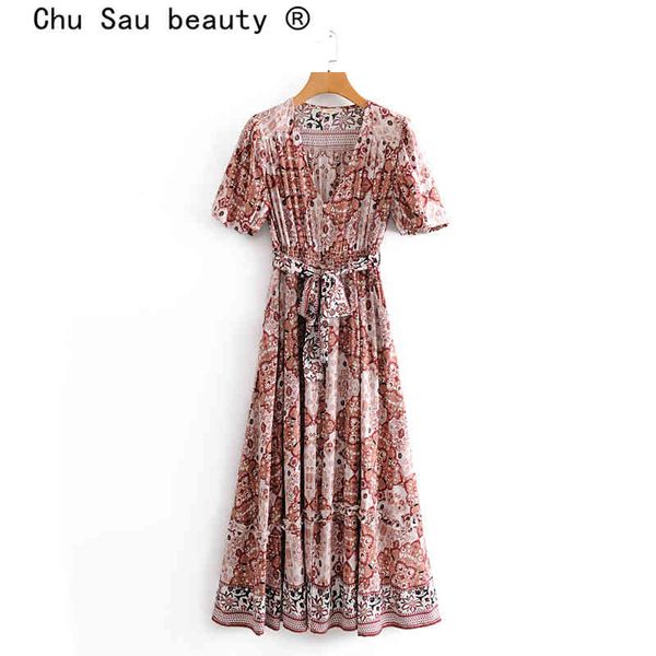 Beauté Mode Boho Floral Imprimer Maxi Robe Femmes Vintage Bow Ceintures Taille Élastique Vacances Longue Femme 210514