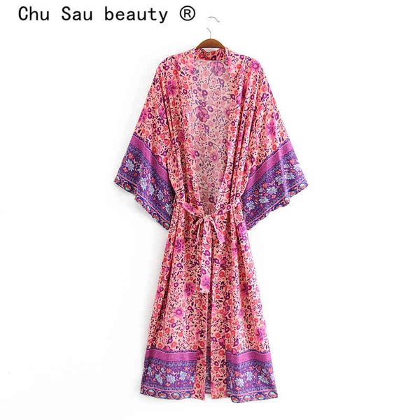 Beauté Mode Boho Vintage Imprimer Coton Long Kimono Femmes Plage Style Ceintures Dames D'été Robes Lâches 210514