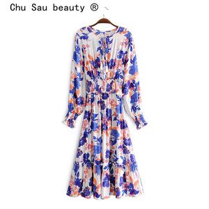 Belleza moda boho vintage impresión midi vestido mujeres vacaciones cintura elástica manga larga verano vestidos de mujer 210514