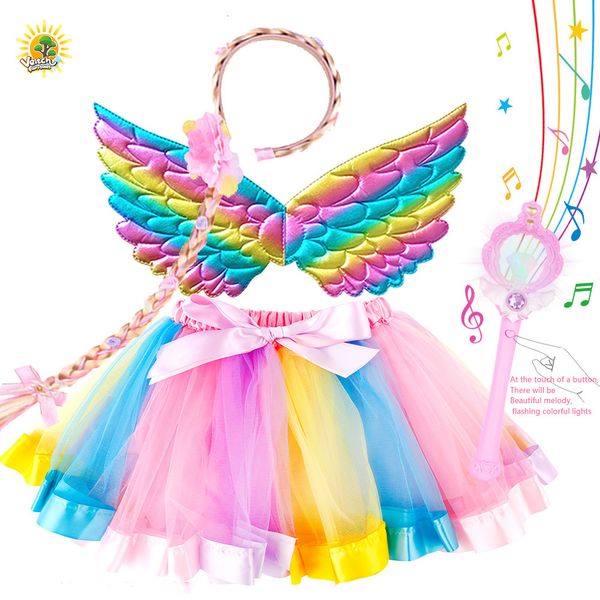 Belleza Moda Niños Chica Aseo Juguete Halloween Juego de rol Disfraz Intermitente Varita mágica Princesa Velo Ala Collar Peluca Conjunto de joyas Juguete 230617