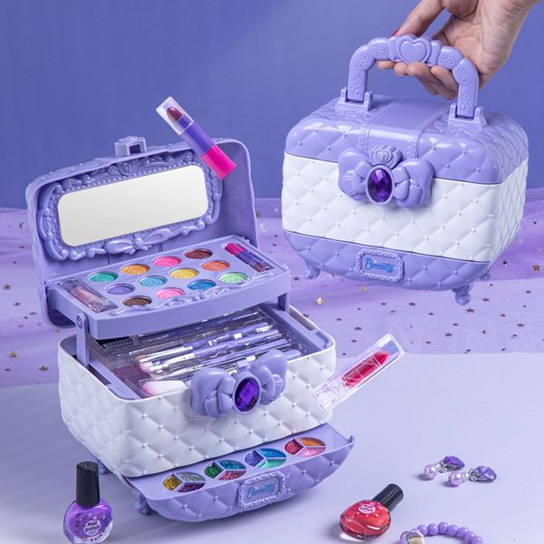 Beauté Mode Enfants Filles Princesse Boîte De Maquillage Maquillage Ménagère Maquillage Jouets Vernis À Ongles Ombre À Paupières Ensemble Complet Lavage À L'eau Sac À Main Coffret Cadeau Jouet 230614