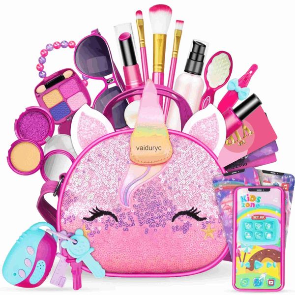 Beauty Fashion Kit de maquillage pour enfants pour filles - Ensemble de jeu de maquillage avec sac à cosmétiques licorne - Sac à main pour enfants - Jouets pour petites filles - Couleur Randvaiduryc