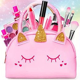 Beauty Fashion Echte make-upset voor kinderen voor kleine meisjes met roze eenhoorn Tas Niet giftig Wasbaar Make-up Speelgoed Cadeau Fantasiespel 230830