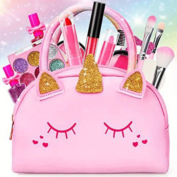 Beauty Fashion Kids Kit de maquillage réel pour petites filles avec sac licorne rose Non toxique lavable maquillage jouet cadeau semblant jouer 230830