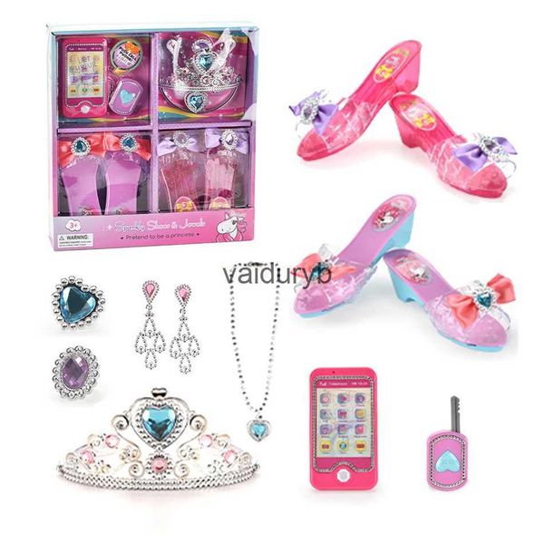 Beauté mode princesse habiller chaussures semblant jouer couronne boucles d'oreilles bijoux téléphone électronique beauté mode jouets pour filles cadeau enfant en bas âgevaiduryb