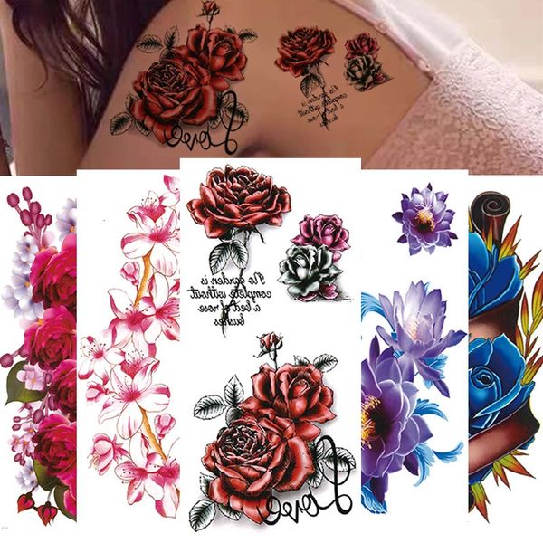 Beauté Fleur diamant noir Rose imperméable Tatouage Tattoo Corps Art Arm Arrage Souchée Eau Transfert Fake Women Decoration Sticker 240408