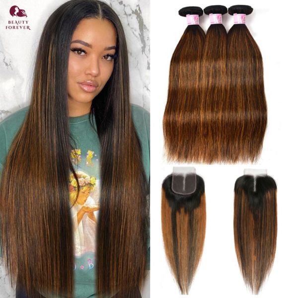 Beauty Forever Sights Ombre Brown Straitement Vierge Human Heum Bundles avec fermeture Lace Swiss Indian Human Hair Extensions