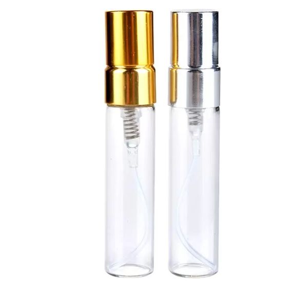 Belleza Fragancia 5 ml 10 ml Botella de espray de cristal transparente Vacío claro Acomizador de perfume de perfume de oro Tapa de plata de oro Graves