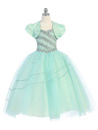 Beauté Vert Blanc Rose Tulle Perles Longueur De Plancher Robe De Fille De Fleur Robes De Concours De Fille Robes D'anniversaire Jupe De Fille Personnalisée SZ 2 4 6 8 10 12 D318004 avec petit manteau